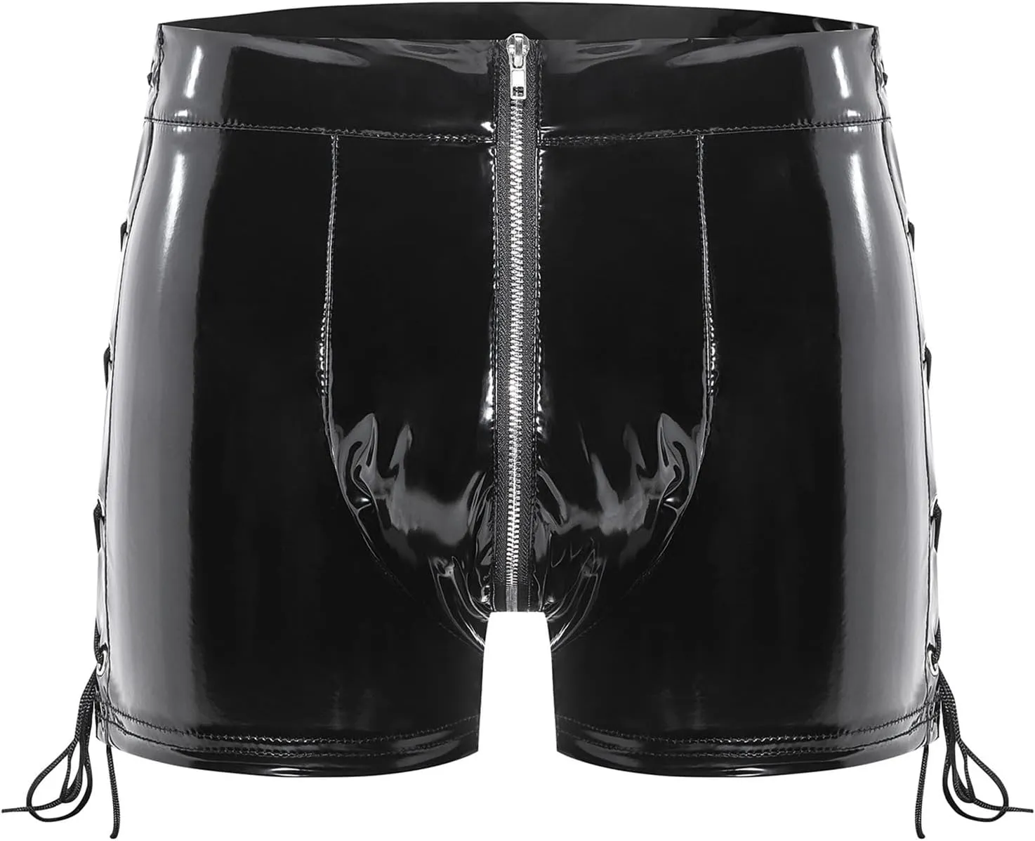Mens Shiny Leather Zipper Crotch Shorts Boxer Briefs Side Lace Up Underwear PVC Bulge Pouch Trunks Panties