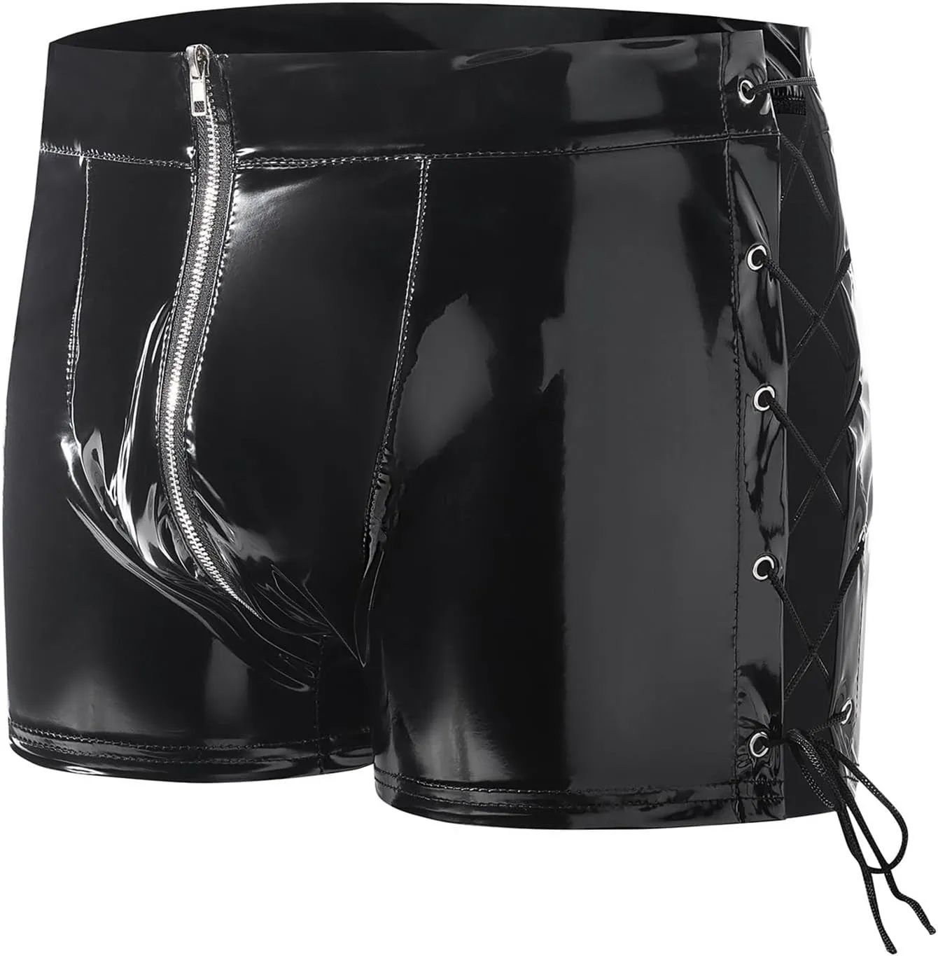 Mens Shiny Leather Zipper Crotch Shorts Boxer Briefs Side Lace Up Underwear PVC Bulge Pouch Trunks Panties