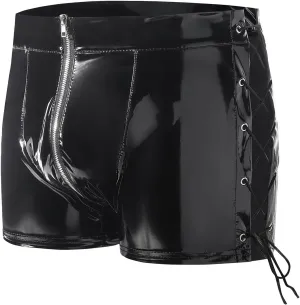 Mens Shiny Leather Zipper Crotch Shorts Boxer Briefs Side Lace Up Underwear PVC Bulge Pouch Trunks Panties