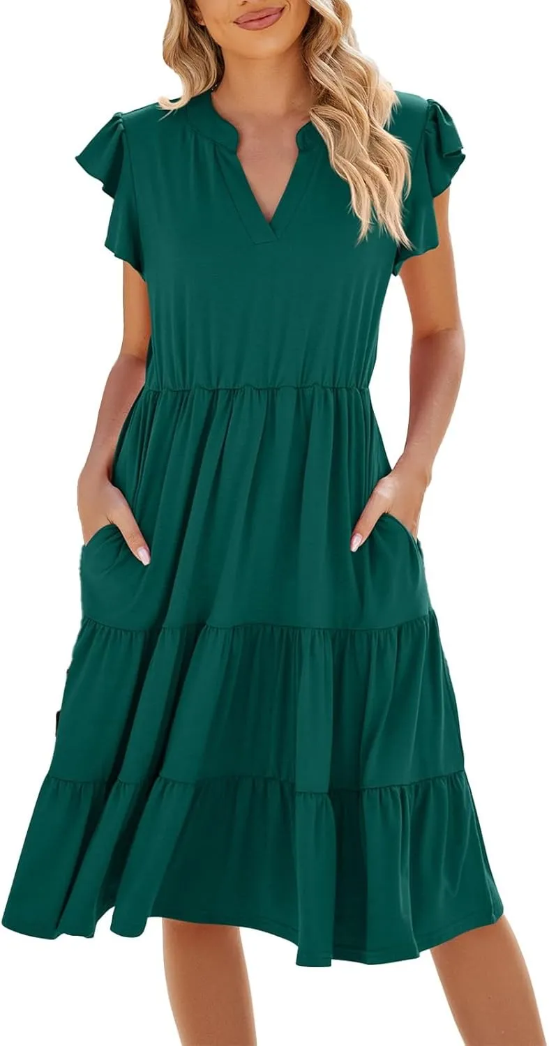 Midi Dresses for Women 2024 Summer V Neck Tiered Ruffle Sleeve Midi Dress Casual Flowy Sundress with Pockets