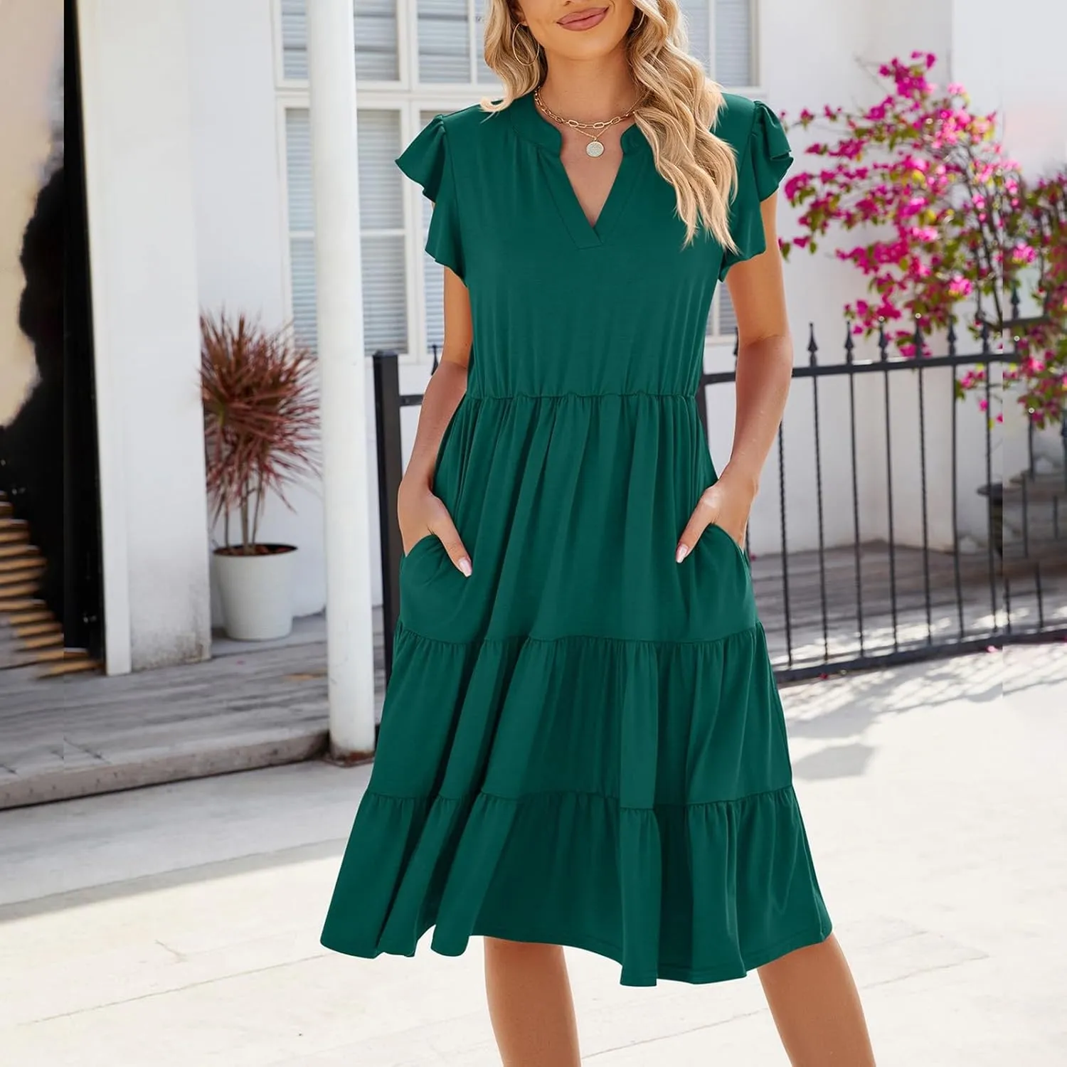 Midi Dresses for Women 2024 Summer V Neck Tiered Ruffle Sleeve Midi Dress Casual Flowy Sundress with Pockets