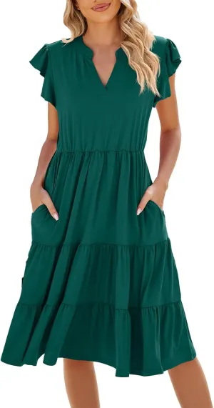 Midi Dresses for Women 2024 Summer V Neck Tiered Ruffle Sleeve Midi Dress Casual Flowy Sundress with Pockets