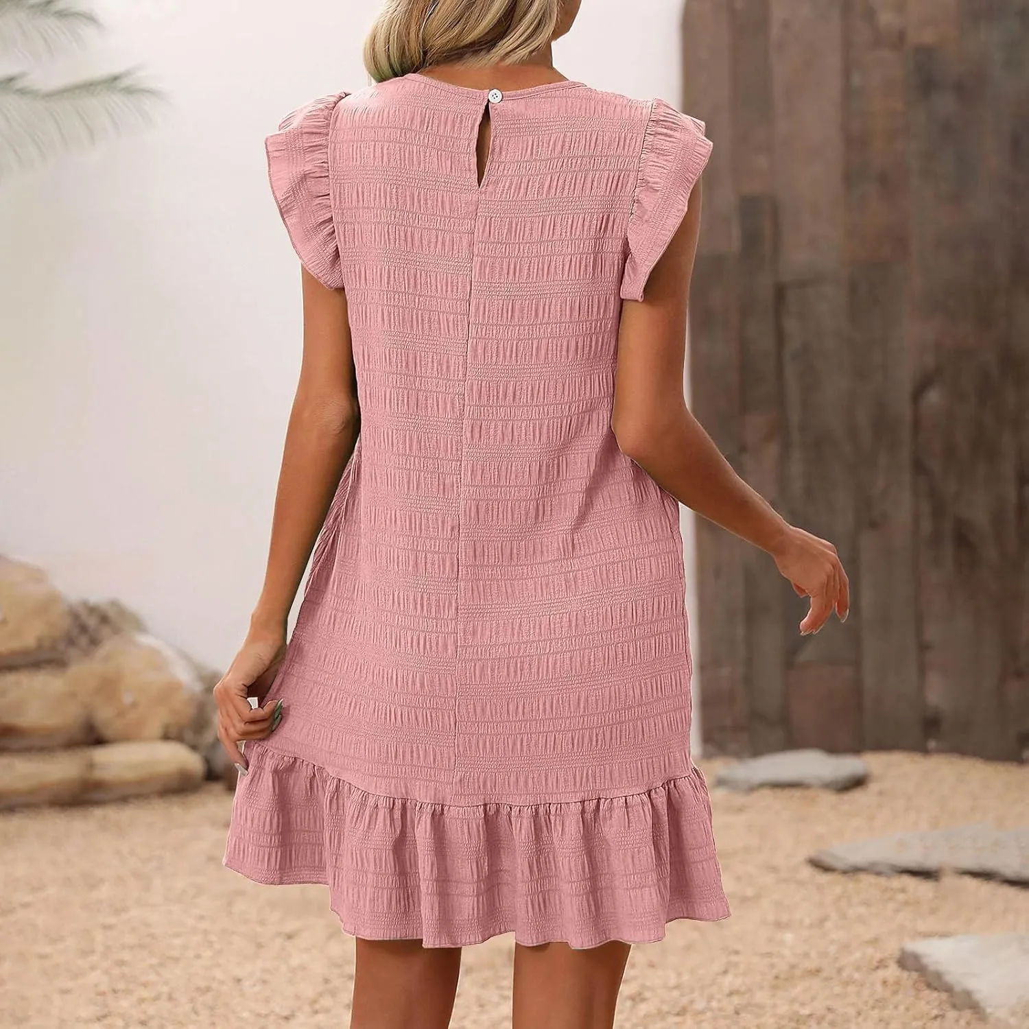 Mini Dress Women 2025 Summer Elegant Round Neck Frill Sleeve Tunic Dresses Solid Ruffle Hem Beach Dress