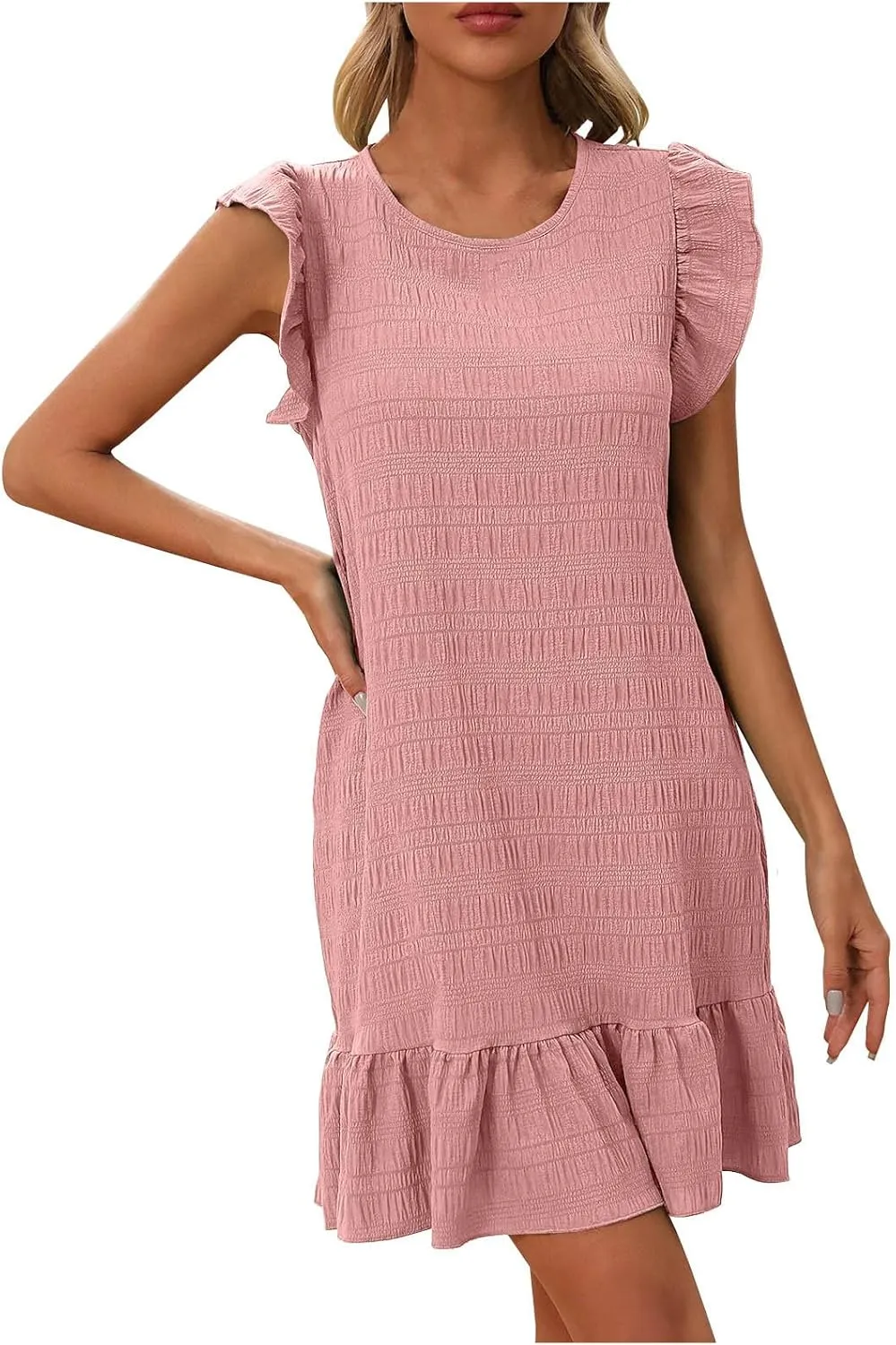 Mini Dress Women 2025 Summer Elegant Round Neck Frill Sleeve Tunic Dresses Solid Ruffle Hem Beach Dress