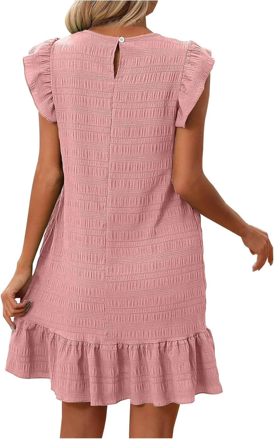 Mini Dress Women 2025 Summer Elegant Round Neck Frill Sleeve Tunic Dresses Solid Ruffle Hem Beach Dress