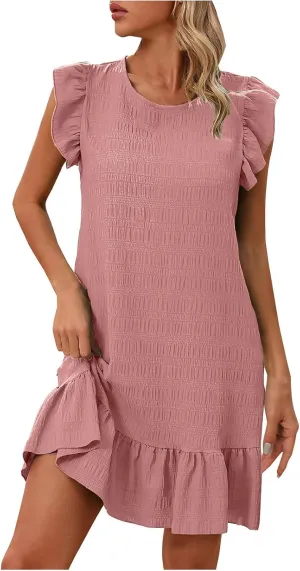 Mini Dress Women 2025 Summer Elegant Round Neck Frill Sleeve Tunic Dresses Solid Ruffle Hem Beach Dress