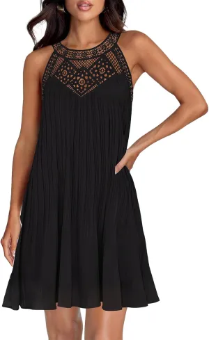 Mini Dresses for Women Summer Round Neck Sleeveless Tank Dress Trendy Loose Hollow Out Pleated Hem Beach Sundress