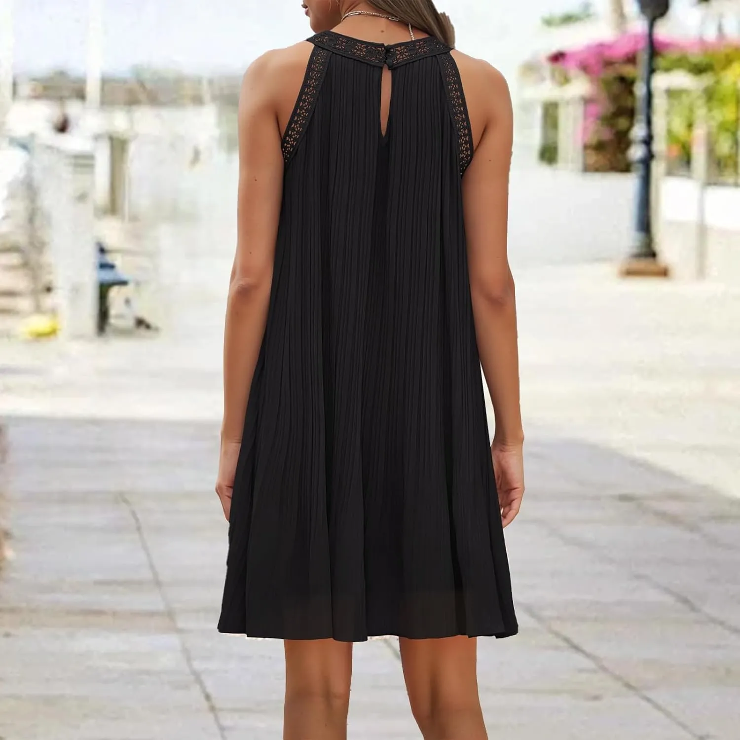 Mini Dresses for Women Summer Round Neck Sleeveless Tank Dress Trendy Loose Hollow Out Pleated Hem Beach Sundress
