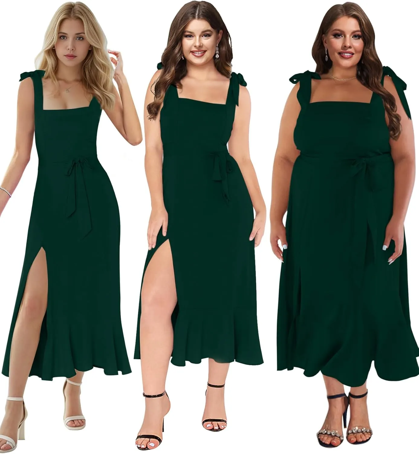 MllesReve Women Midi Dresses Square Neck Side Slit Ruffle Smock Dresses Elegant Formal Evening Wedding Guest Dresses