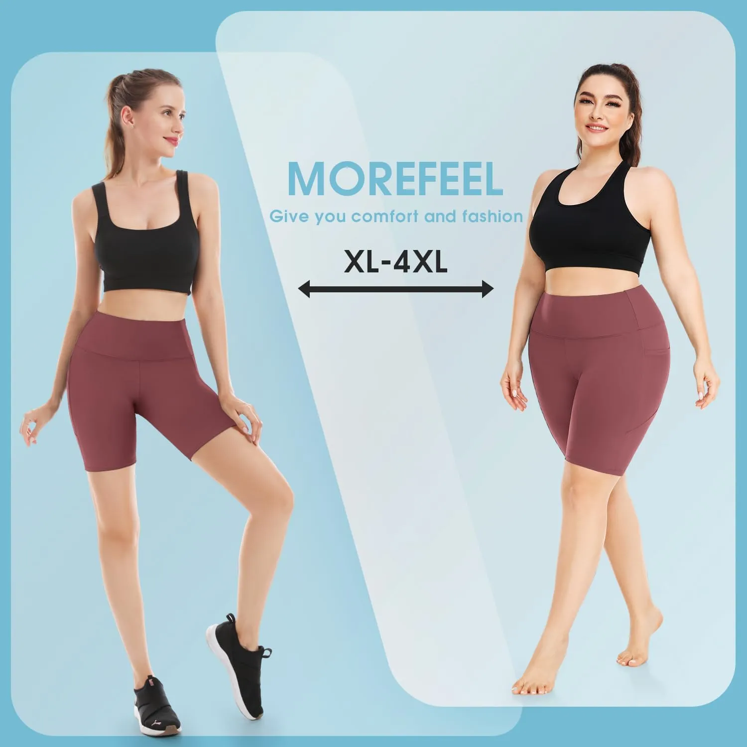 MOREFEEL Plus Size 8" Biker Shorts with Pockets for Women  High Waisted Tummy Control Black Yoga Shorts (XL-4XL)
