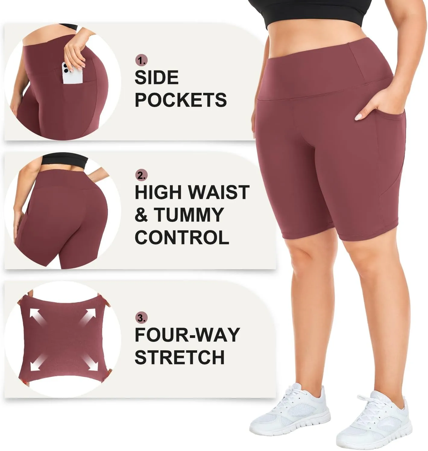 MOREFEEL Plus Size 8" Biker Shorts with Pockets for Women  High Waisted Tummy Control Black Yoga Shorts (XL-4XL)