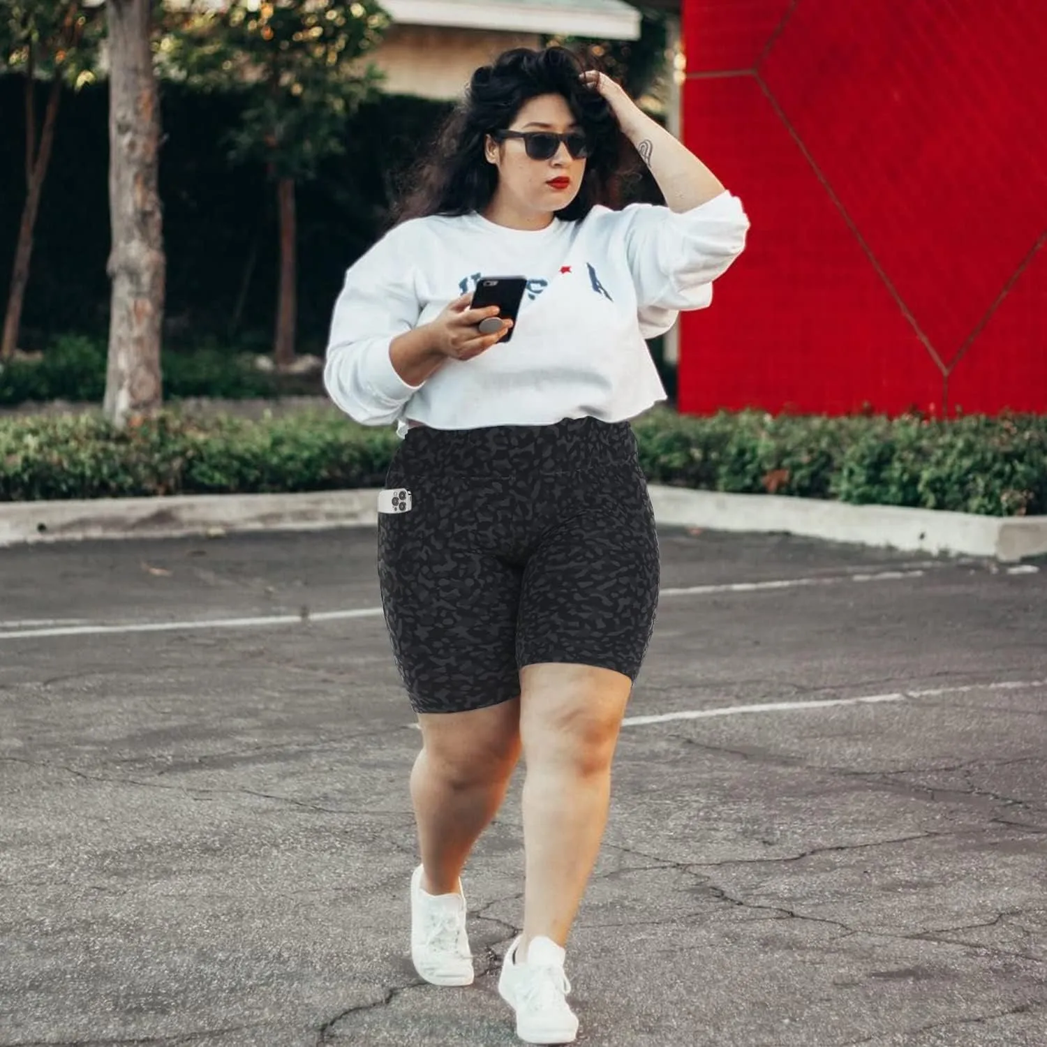 MOREFEEL Plus Size 8" Biker Shorts with Pockets for Women  High Waisted Tummy Control Black Yoga Shorts (XL-4XL)