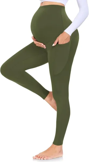 MOREFEEL Women's Maternity Leggings with Pockets Over The Belly Pregnancy Active Wear Workout Yoga Tights Pants