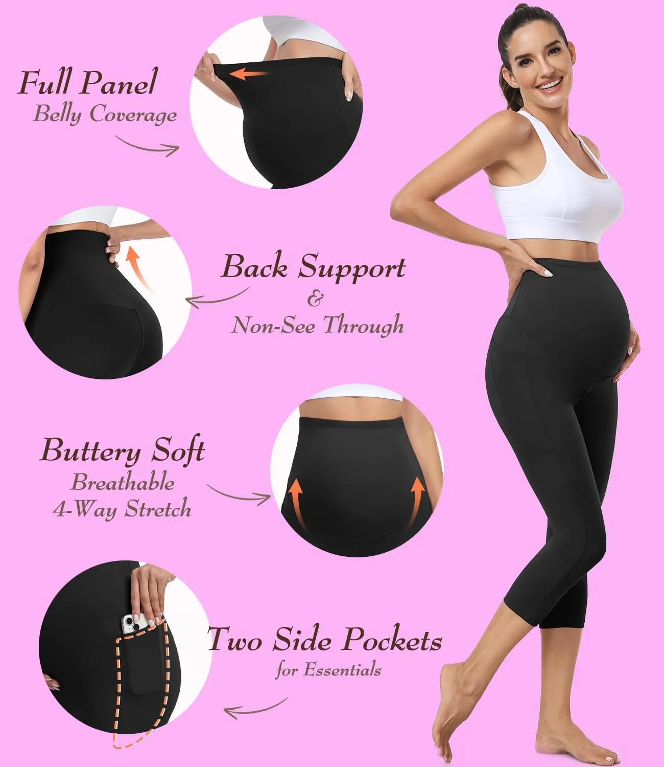 MOREFEEL Women's Maternity Leggings with Pockets Over The Belly Pregnancy Active Wear Workout Yoga Tights Pants