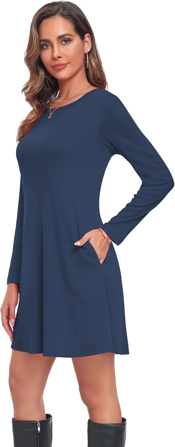 Moskill Long Sleeve Tshirt Dresses for Women with Pockets Casual Loose Swing Dress