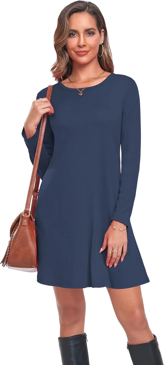 Moskill Long Sleeve Tshirt Dresses for Women with Pockets Casual Loose Swing Dress