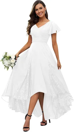 Mother of The Bride Dresses for Wedding Tea Length Lace Chiffon Flutter Sleeve Elegant Bridesmaid Dresses