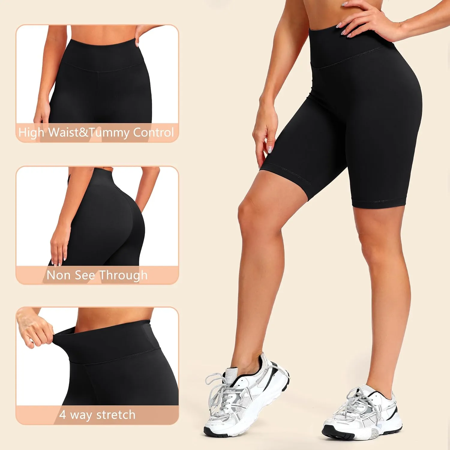 Natural Feelings 3 Pack Biker Shorts for Women-8" High Waist Workout Athletic Gym Sports Yoga Shorts Pants