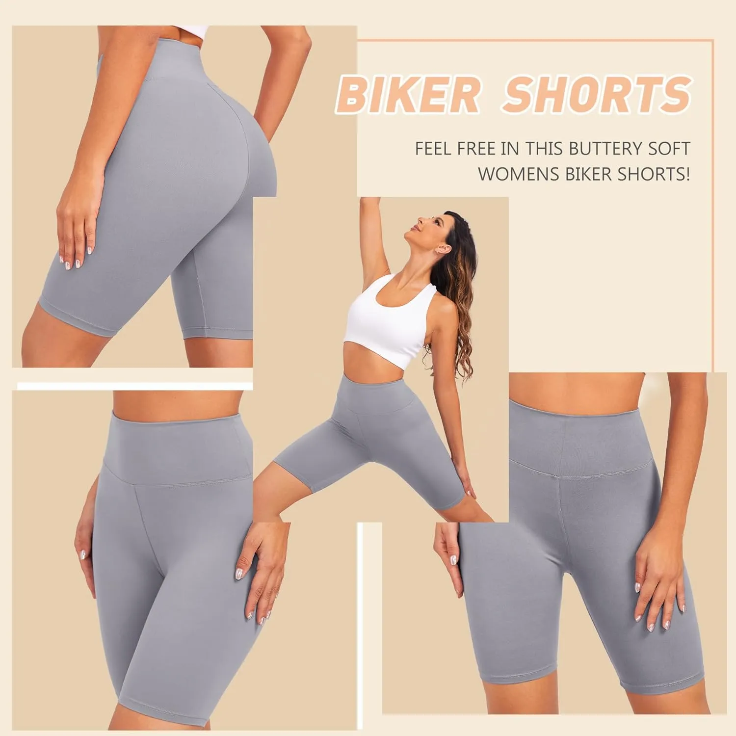 Natural Feelings 3 Pack Biker Shorts for Women-8" High Waist Workout Athletic Gym Sports Yoga Shorts Pants