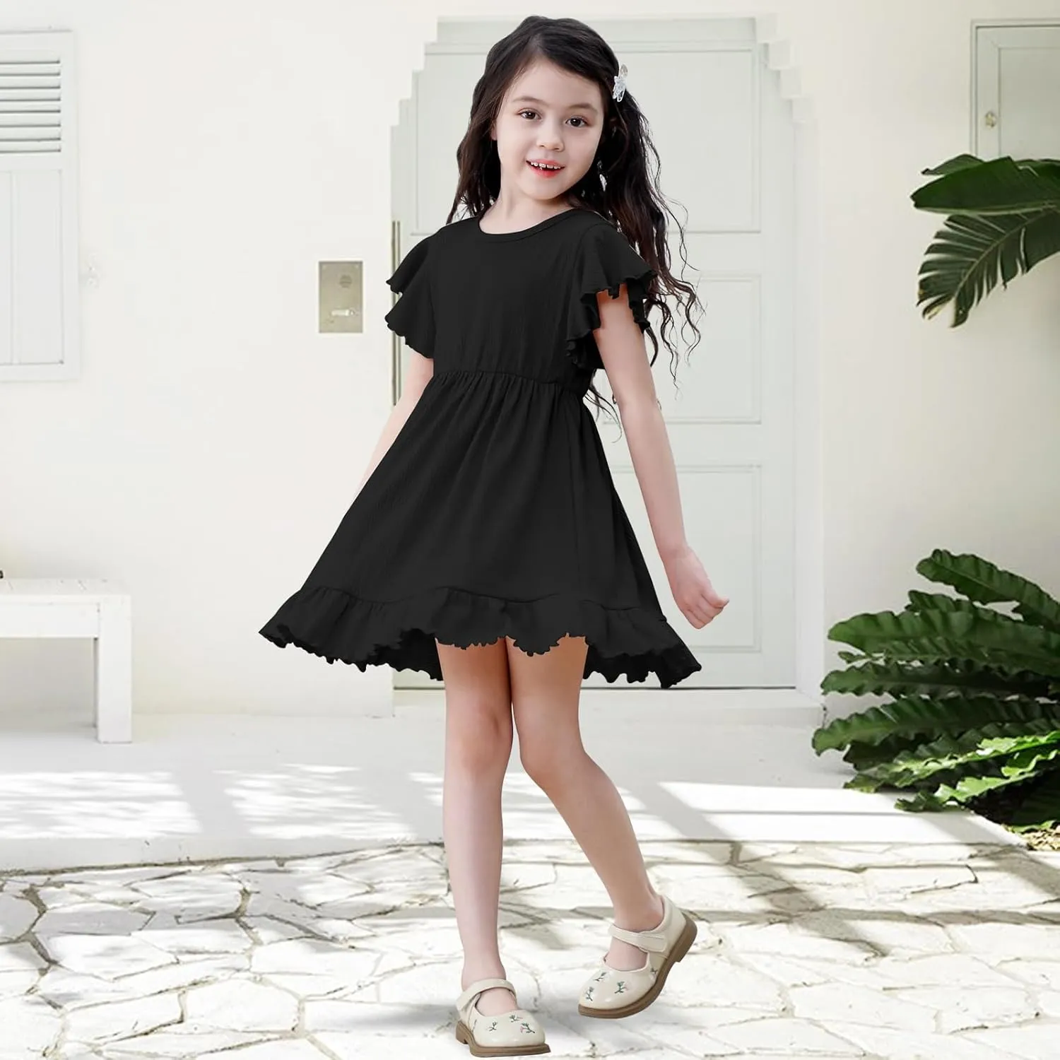 Neutocd Toddler Girl Dress Ruffled Short Sleeve Flowy Tiered Kid Baby Girl Summer Party Beach Boho Swing Dress Sundress