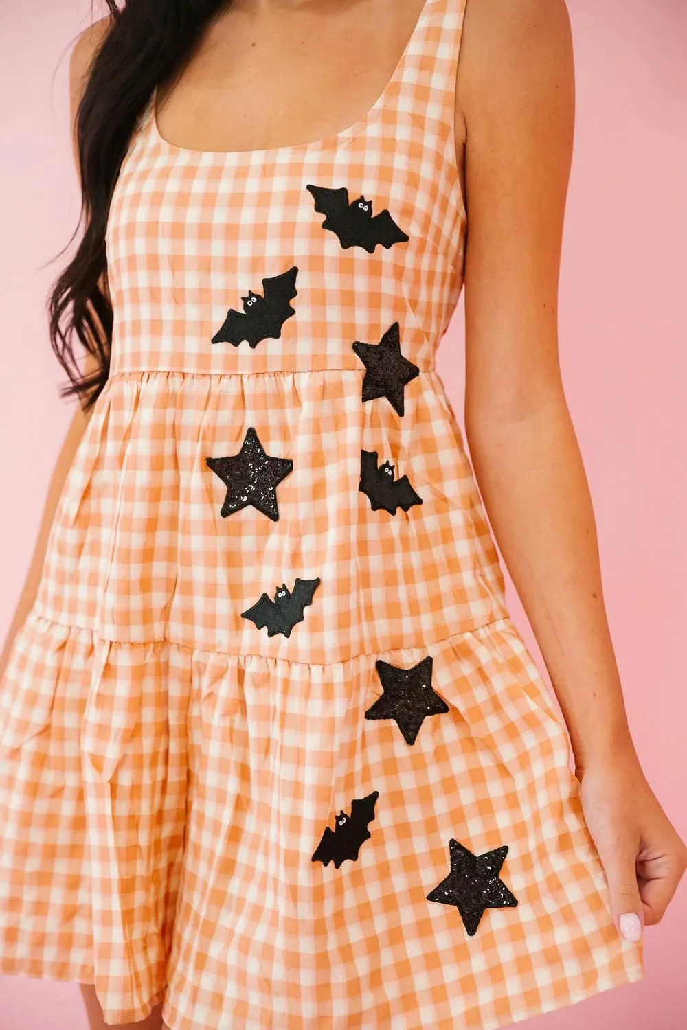 NUFIWI Women Gingham Short Dress Sleeveless Sequin Stars Bat Loose Babydoll Tank Dress Scoop Neck Halloween Mini Dresses