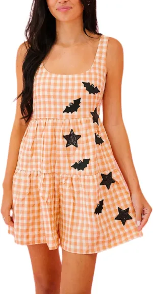 NUFIWI Women Gingham Short Dress Sleeveless Sequin Stars Bat Loose Babydoll Tank Dress Scoop Neck Halloween Mini Dresses