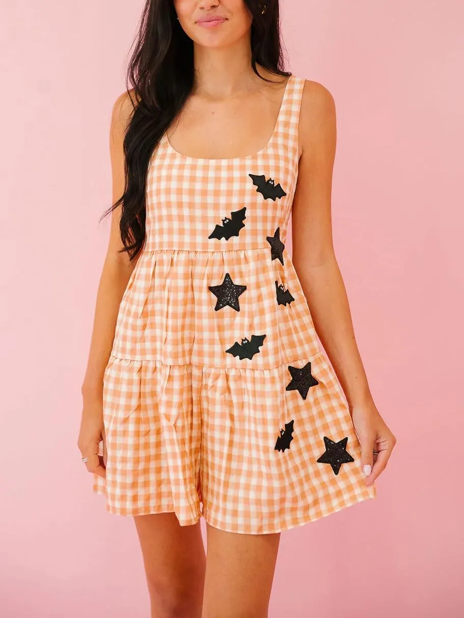 NUFIWI Women Gingham Short Dress Sleeveless Sequin Stars Bat Loose Babydoll Tank Dress Scoop Neck Halloween Mini Dresses