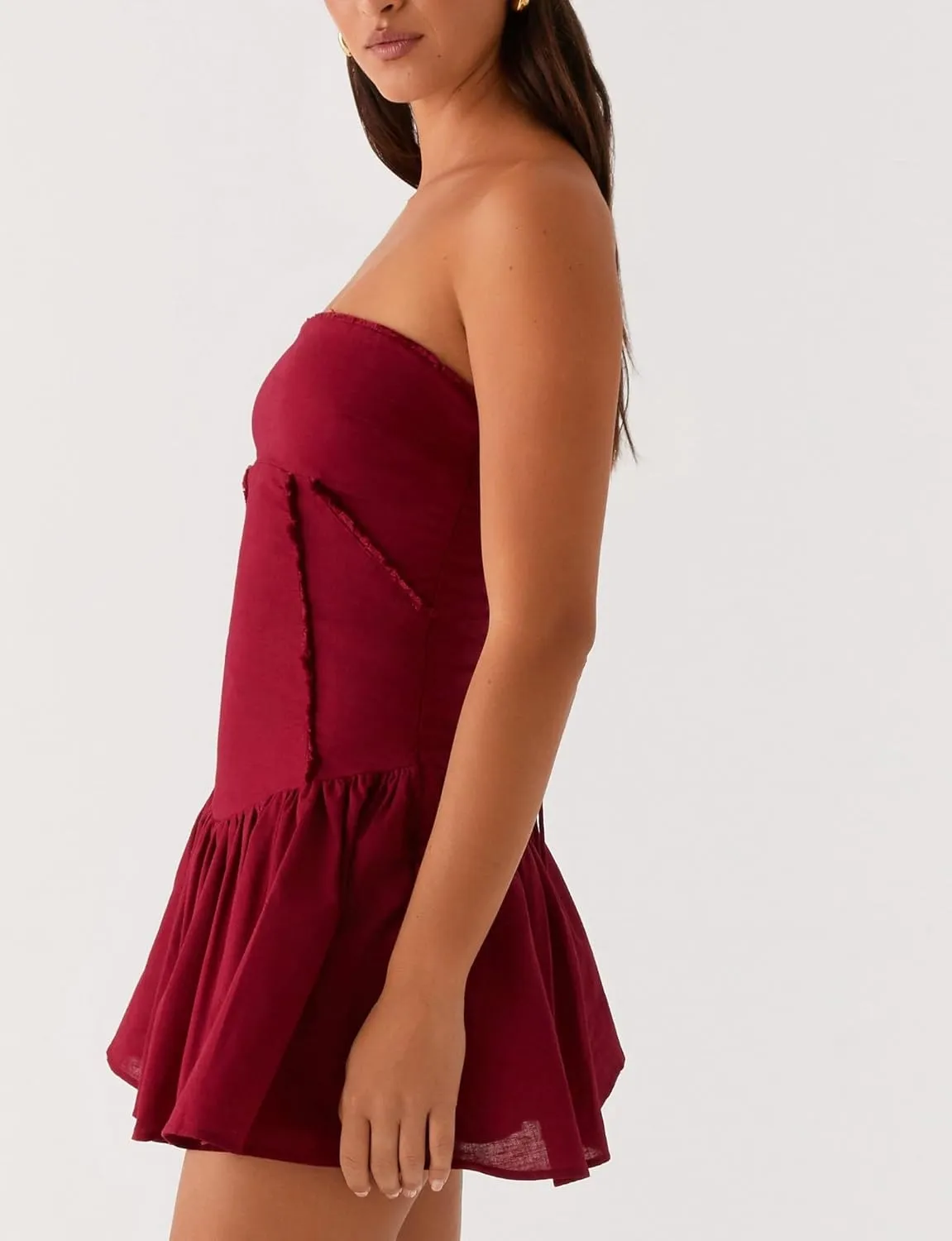 NUFIWI Women Strapless Drop Waist Flare Hem Mini Dress Off Shoulder Ruffle Ruched Short Dress A Line Mini Bandeau Dresses