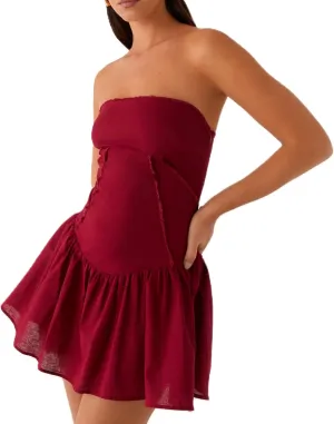 NUFIWI Women Strapless Drop Waist Flare Hem Mini Dress Off Shoulder Ruffle Ruched Short Dress A Line Mini Bandeau Dresses
