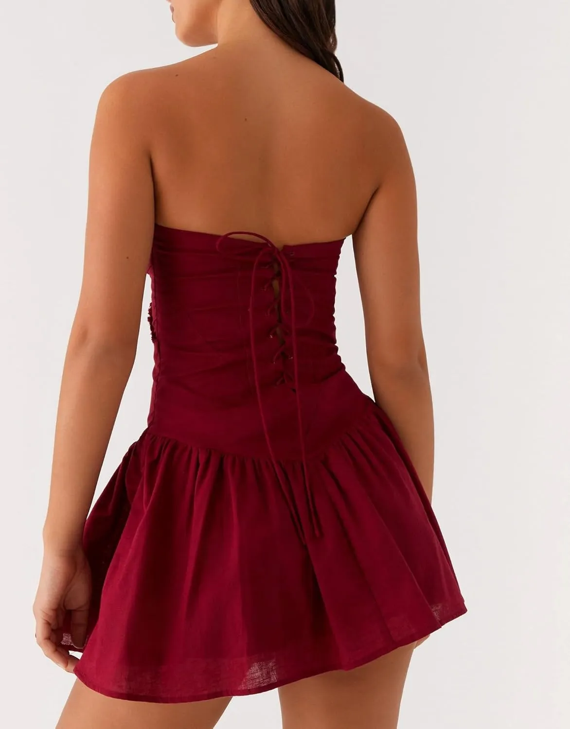 NUFIWI Women Strapless Drop Waist Flare Hem Mini Dress Off Shoulder Ruffle Ruched Short Dress A Line Mini Bandeau Dresses