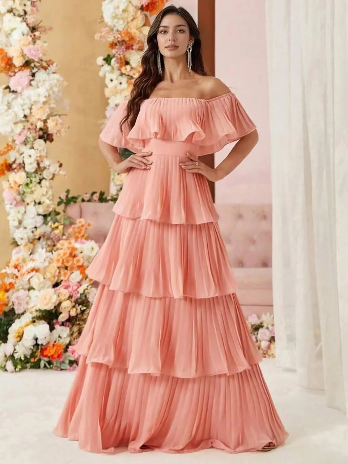 Off Shoulder Prom Dresses Long Ball Gown Chiffon Pleated Evening Dress for Women Elegant Classy