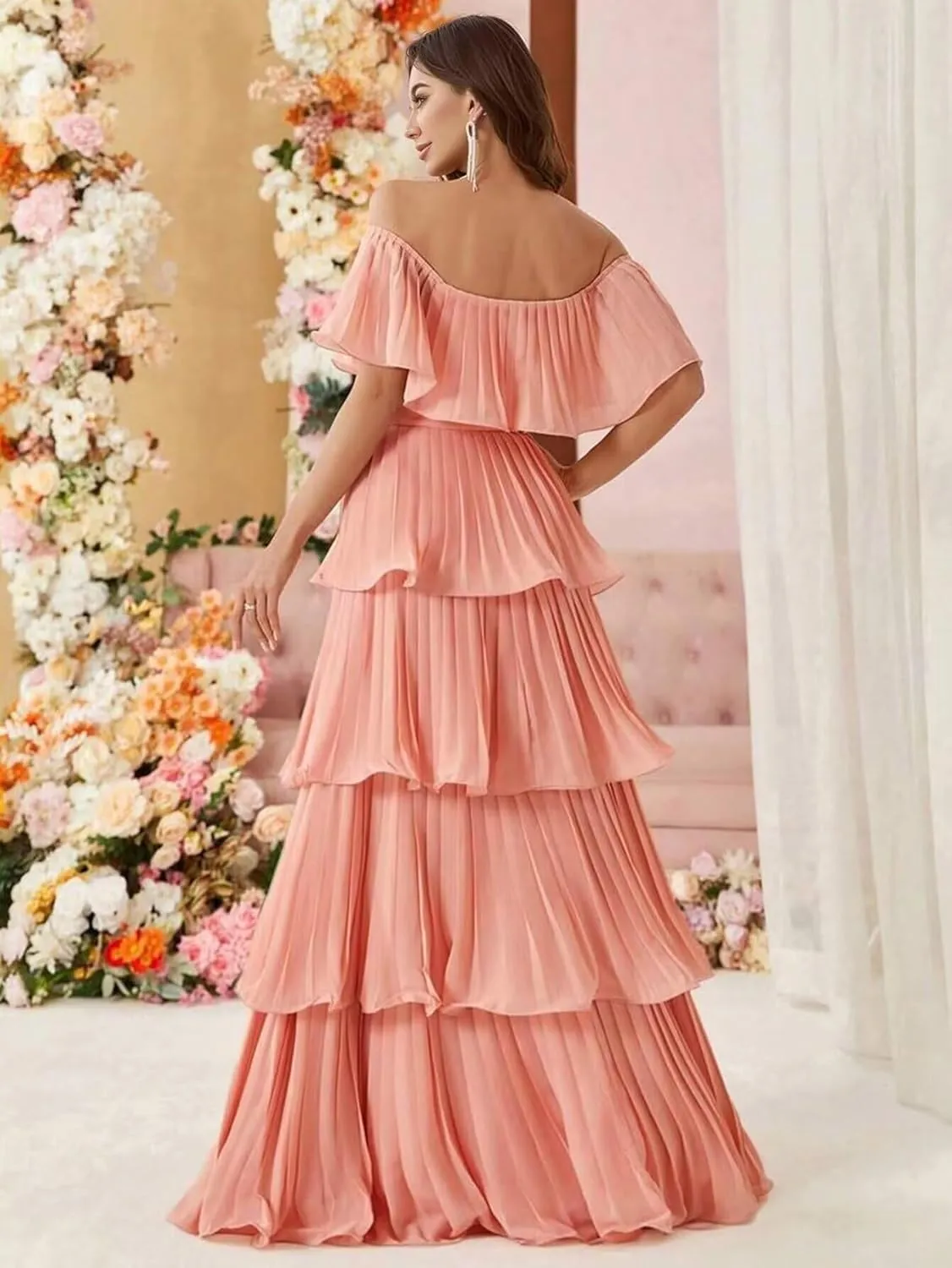 Off Shoulder Prom Dresses Long Ball Gown Chiffon Pleated Evening Dress for Women Elegant Classy