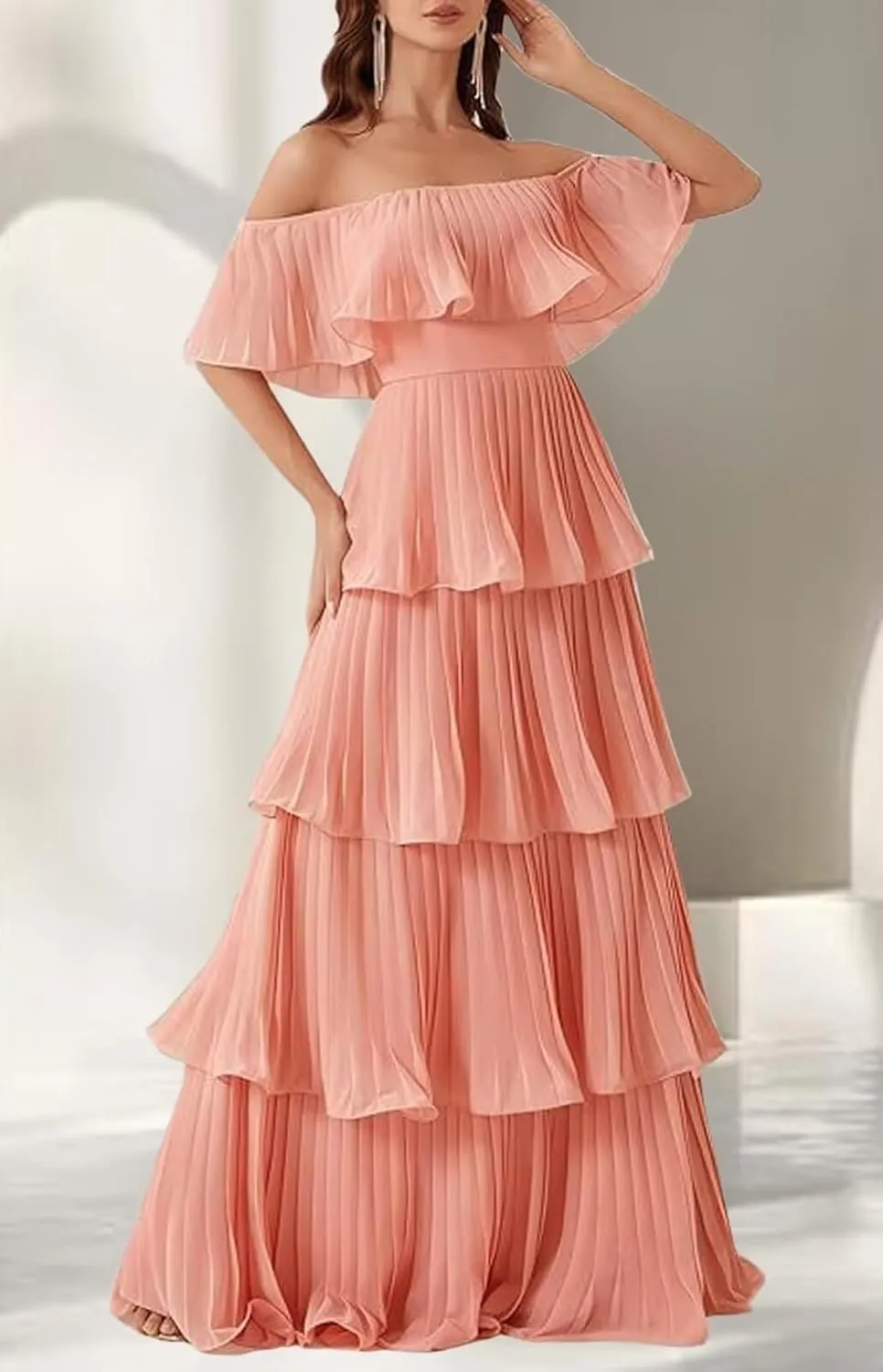 Off Shoulder Prom Dresses Long Ball Gown Chiffon Pleated Evening Dress for Women Elegant Classy