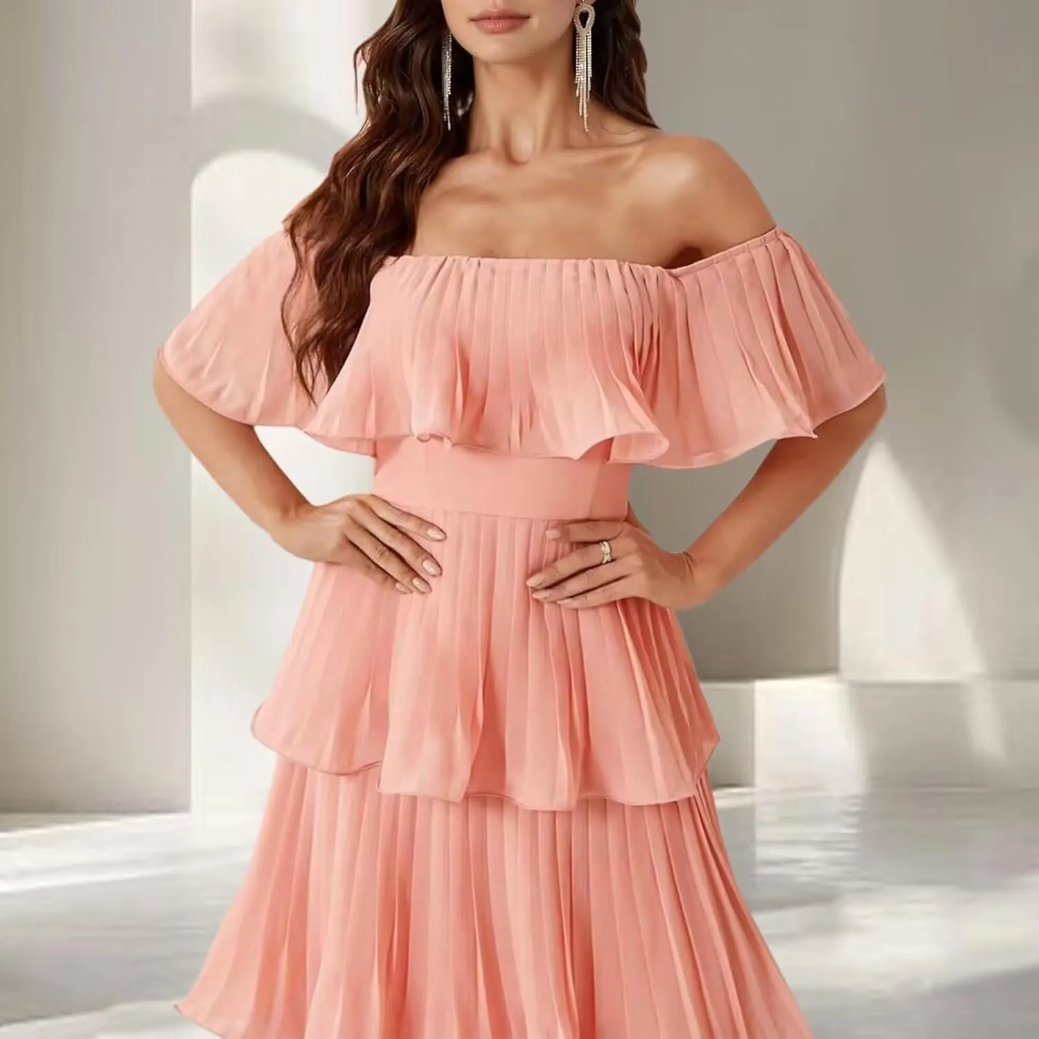 Off Shoulder Prom Dresses Long Ball Gown Chiffon Pleated Evening Dress for Women Elegant Classy