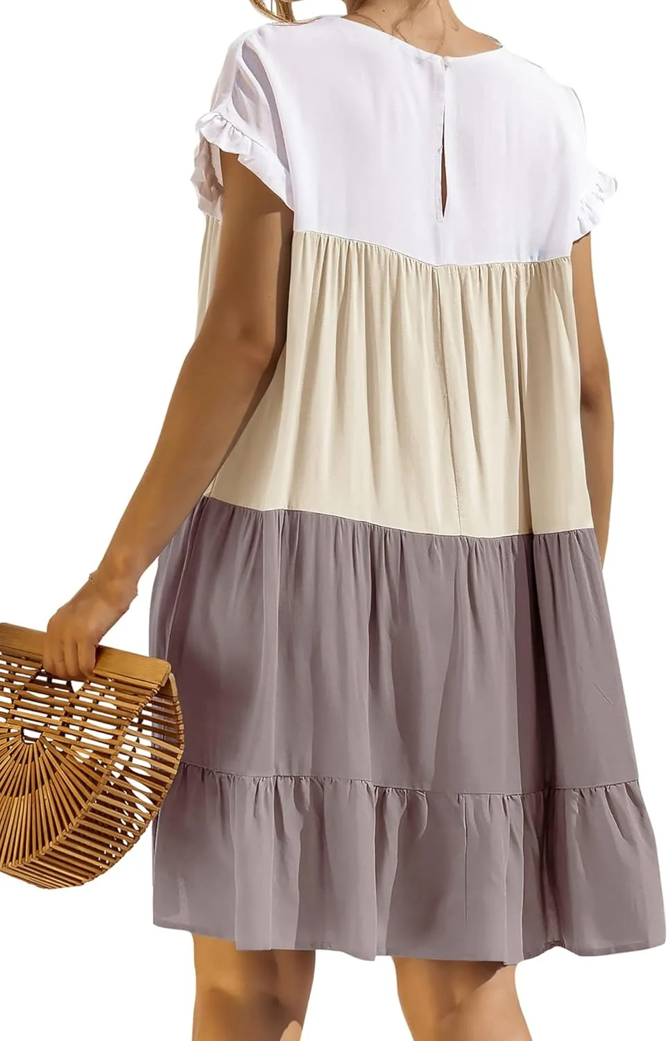 OMZIN Women Ruffle Short Sleeve Crewneck Dresses Summer Color Block Layered Dress Casual A-line Beach Dress