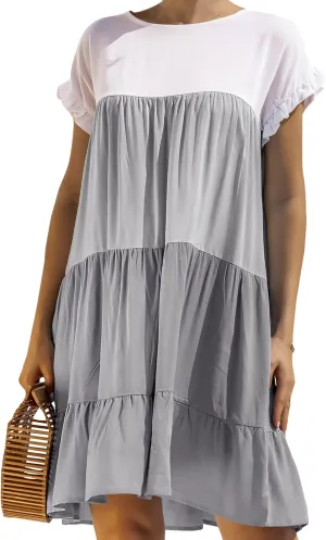OMZIN Women Ruffle Short Sleeve Crewneck Dresses Summer Color Block Layered Dress Casual A-line Beach Dress