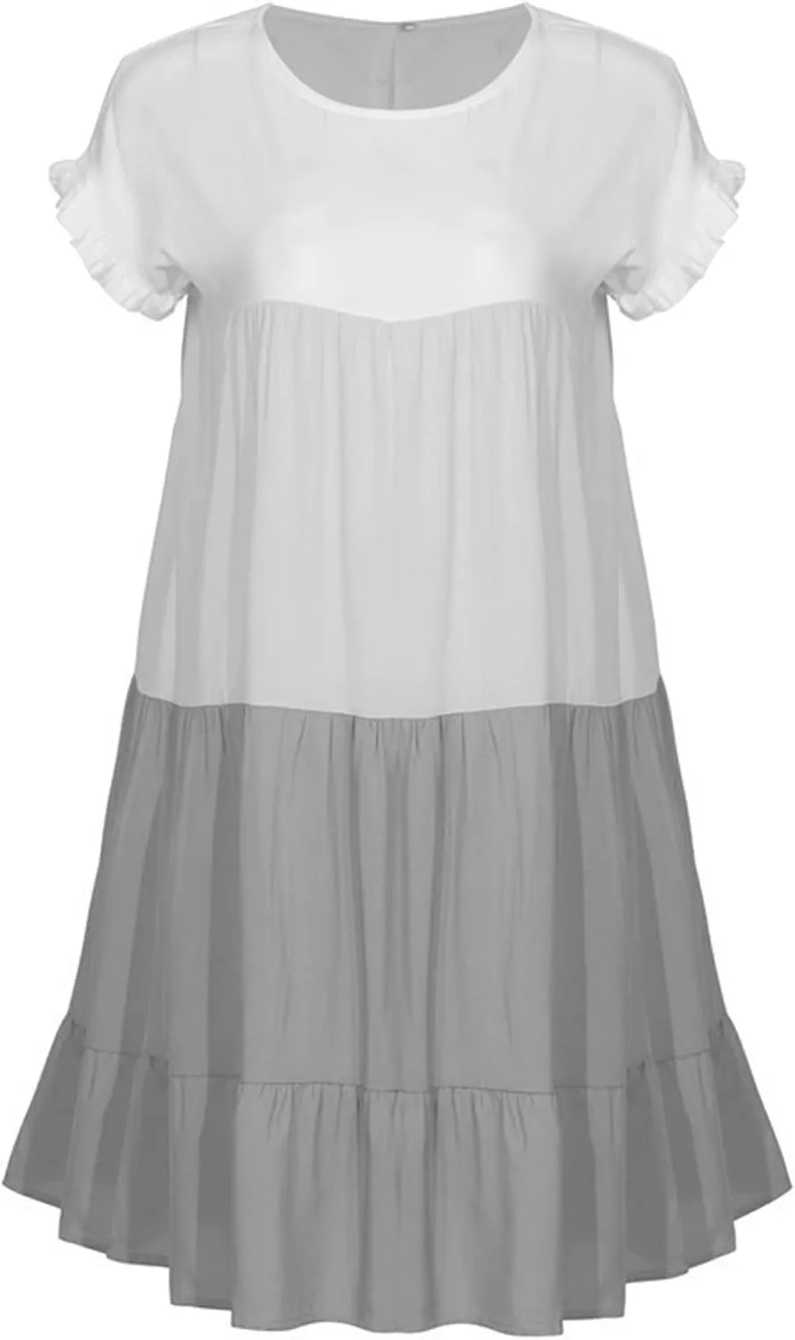 OMZIN Women Ruffle Short Sleeve Crewneck Dresses Summer Color Block Layered Dress Casual A-line Beach Dress