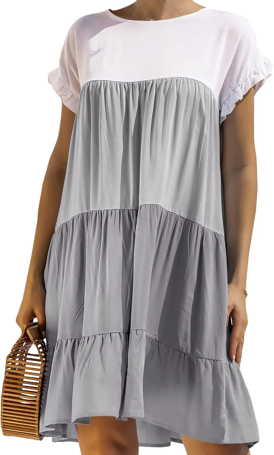OMZIN Women Ruffle Short Sleeve Crewneck Dresses Summer Color Block Layered Dress Casual A-line Beach Dress