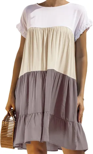 OMZIN Women Ruffle Short Sleeve Crewneck Dresses Summer Color Block Layered Dress Casual A-line Beach Dress