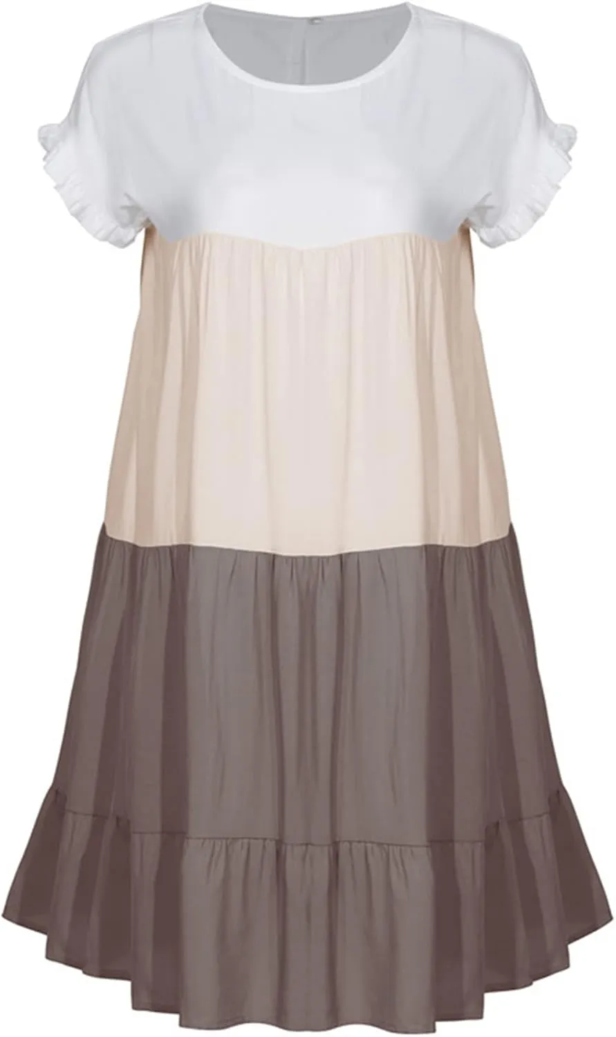 OMZIN Women Ruffle Short Sleeve Crewneck Dresses Summer Color Block Layered Dress Casual A-line Beach Dress