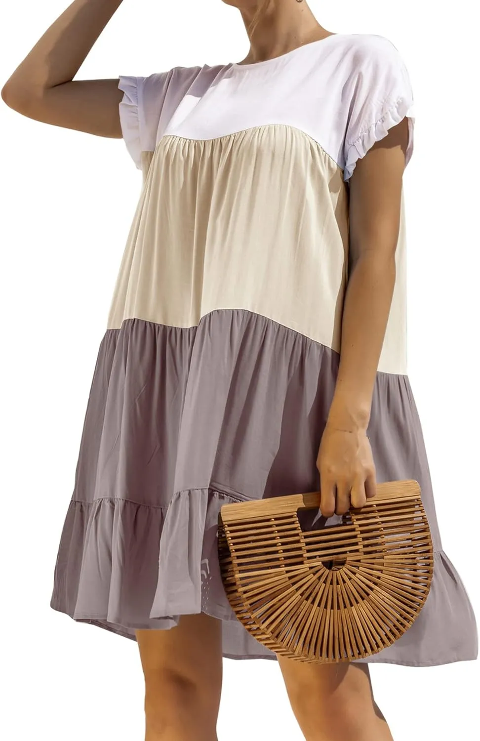 OMZIN Women Ruffle Short Sleeve Crewneck Dresses Summer Color Block Layered Dress Casual A-line Beach Dress
