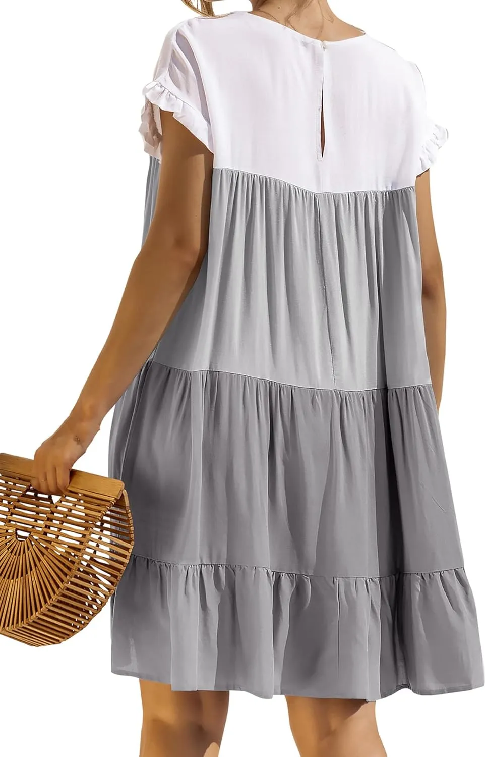 OMZIN Women Ruffle Short Sleeve Crewneck Dresses Summer Color Block Layered Dress Casual A-line Beach Dress