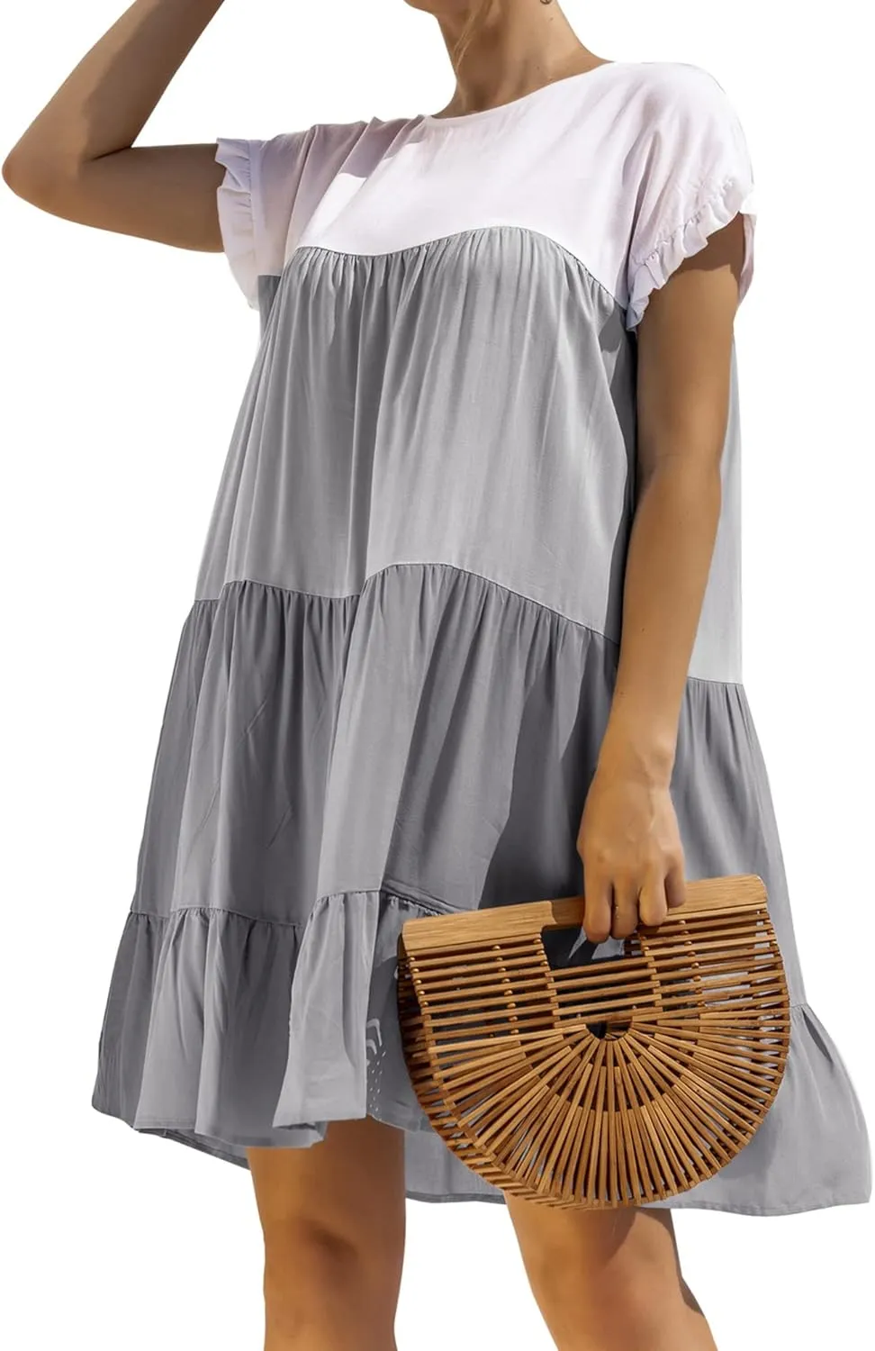 OMZIN Women Ruffle Short Sleeve Crewneck Dresses Summer Color Block Layered Dress Casual A-line Beach Dress