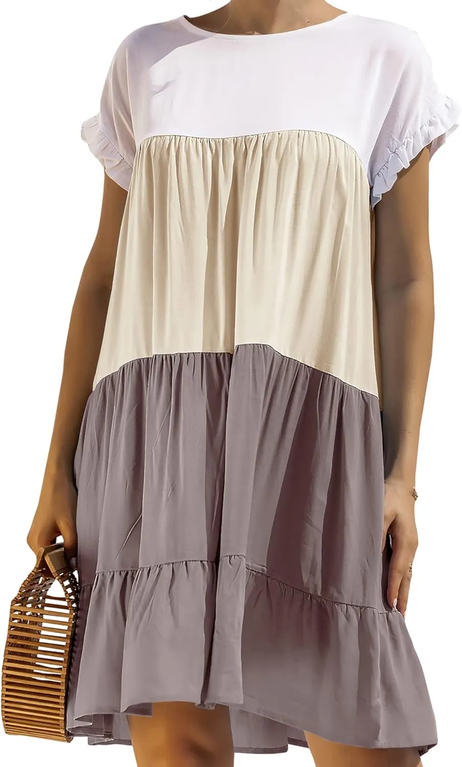 OMZIN Women Ruffle Short Sleeve Crewneck Dresses Summer Color Block Layered Dress Casual A-line Beach Dress
