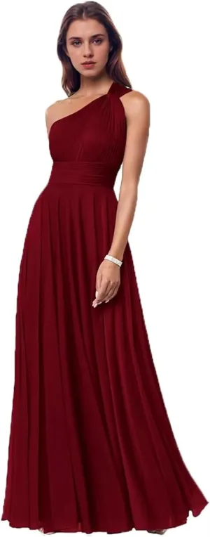 One Shoulder Bridesmaid Dresses with Pockets Chiffon Pleated Formal Evening Dress for Women Elegant