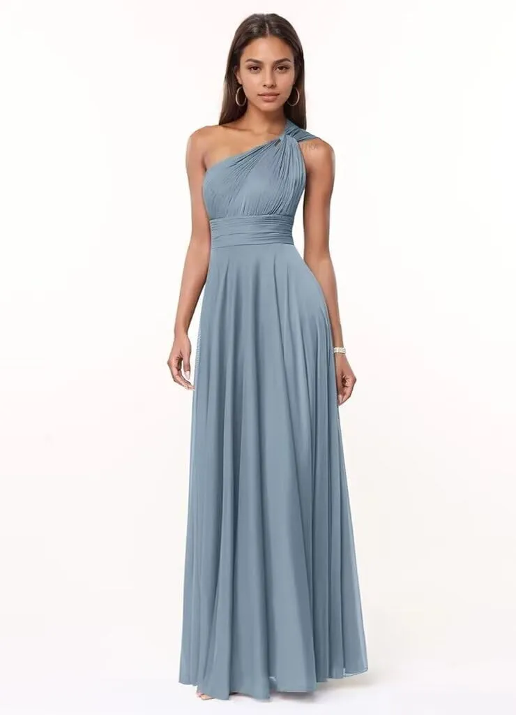 One Shoulder Bridesmaid Dresses with Pockets Chiffon Pleated Formal Evening Dress for Women Elegant
