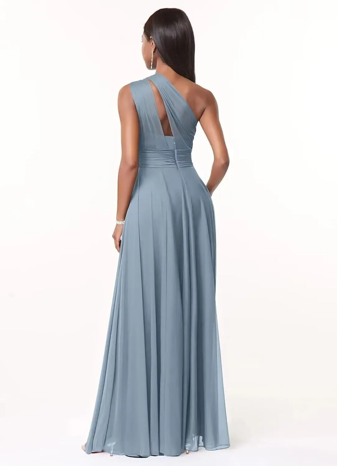 One Shoulder Bridesmaid Dresses with Pockets Chiffon Pleated Formal Evening Dress for Women Elegant