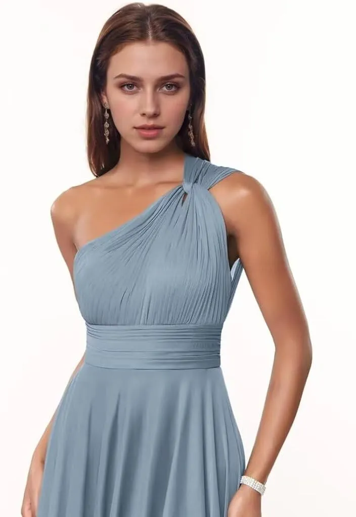One Shoulder Bridesmaid Dresses with Pockets Chiffon Pleated Formal Evening Dress for Women Elegant