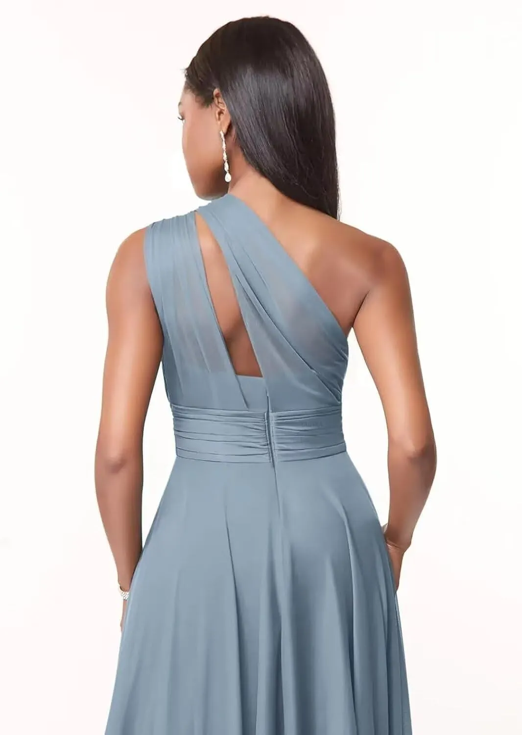 One Shoulder Bridesmaid Dresses with Pockets Chiffon Pleated Formal Evening Dress for Women Elegant
