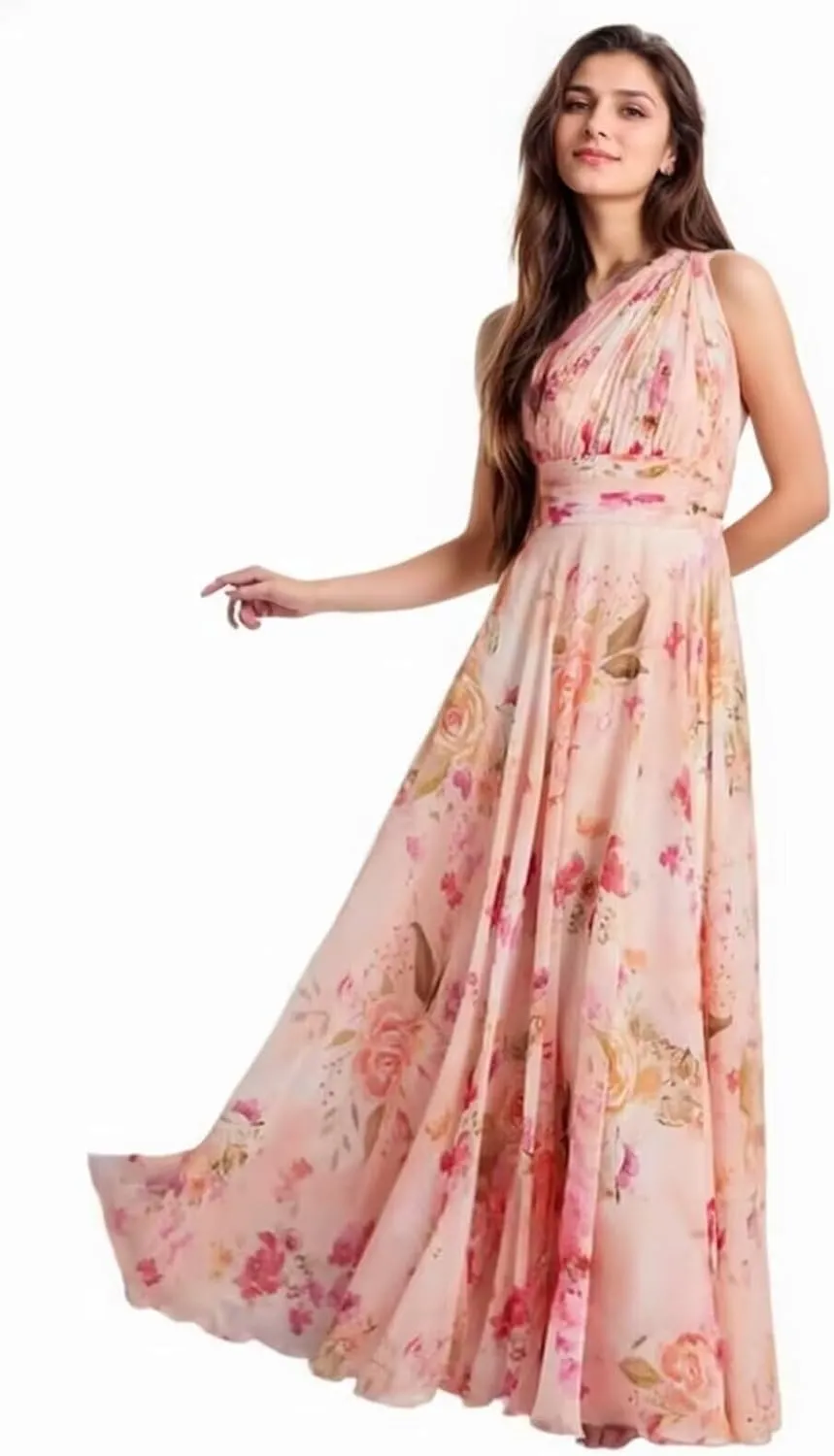 One Shoulder Bridesmaid Dresses with Pockets Chiffon Pleated Formal Evening Dress for Women Elegant